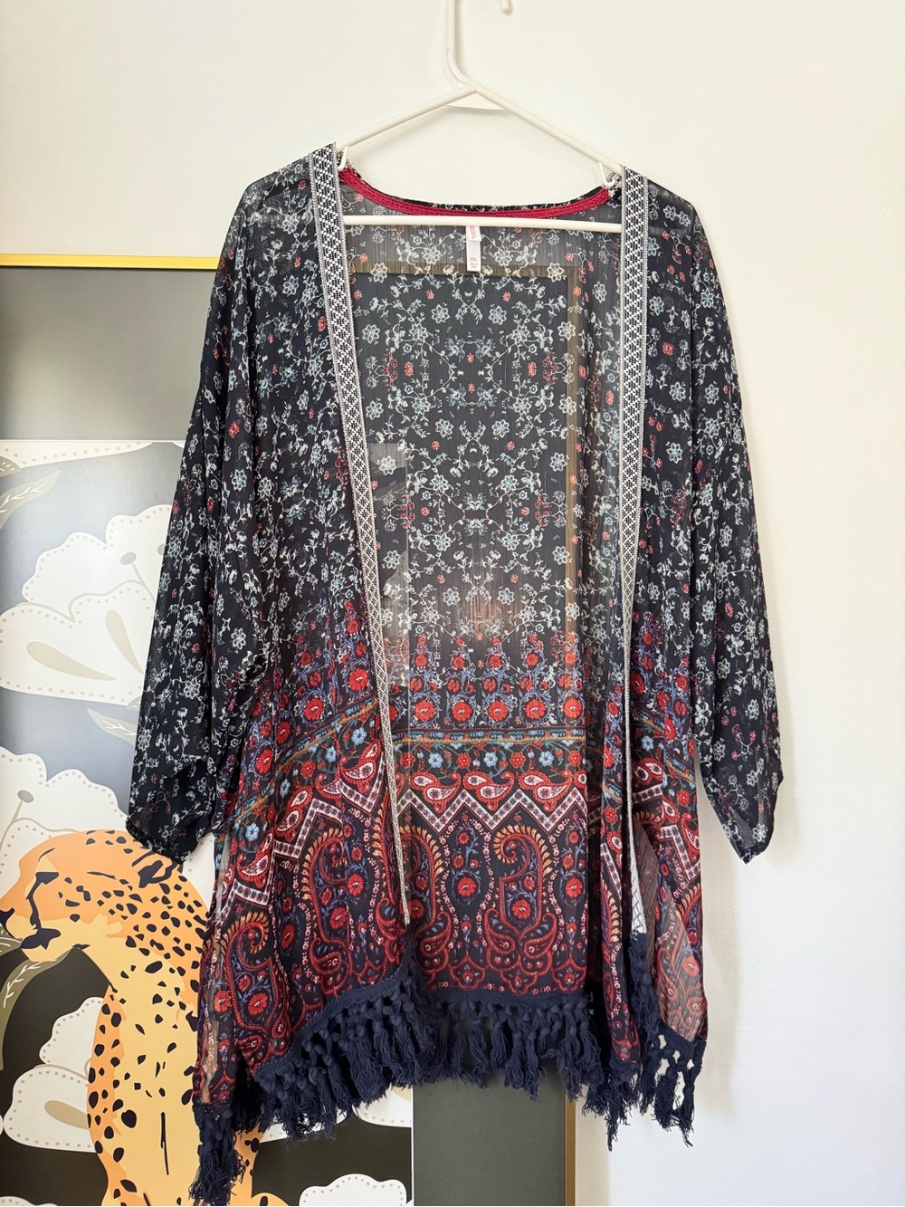 Flowy Navy Floral Paisley Tassel Kimono Coverup Cardigan